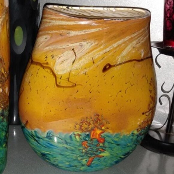 JOHN FIELDS 'SEDONA' Signed 2001 Colorful Hand Blown Studio Art Glass Pouch Vase - Picture 4 of 10